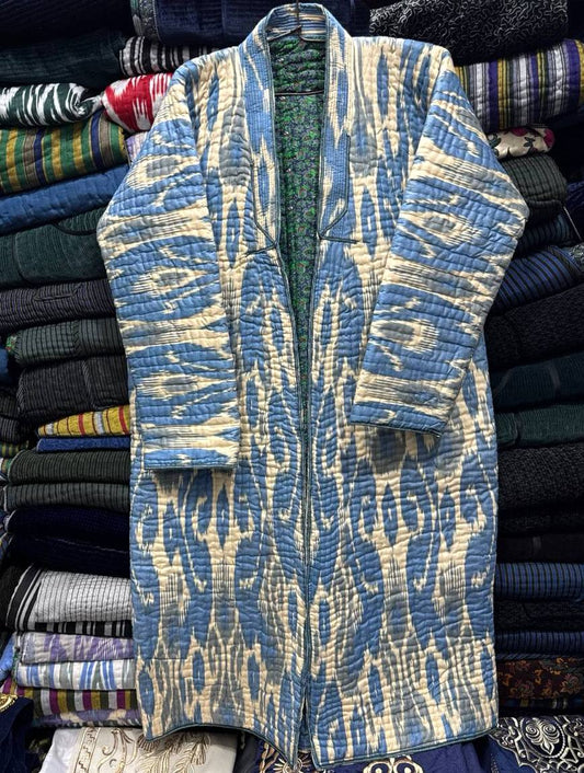 Uzbek handmade warm quilted ikat chapan, coat, robe from a vintage bekasam fabric .Unisex, free size.