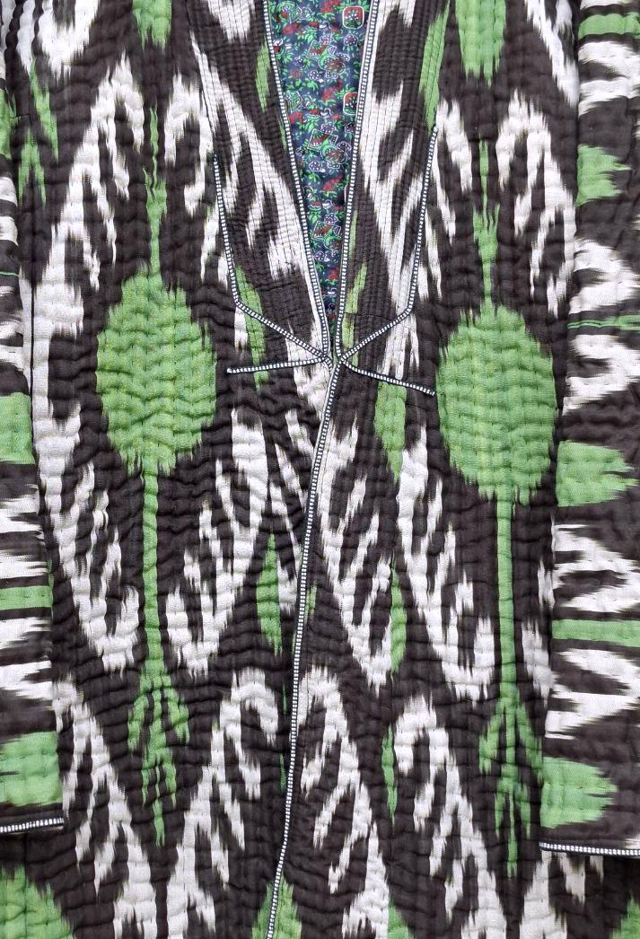 Uzbek handmade warm quilted chapan, coat, robe from ikat fabric. Unisex.
