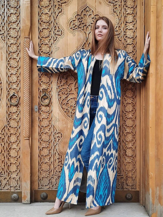 Handwoven Uzbek Ikat Chapan ,coat ,robe,kaftan ,jacket. Hand-dyed, hand loomed natural cotton/silk organic ikat from Uzbekistan