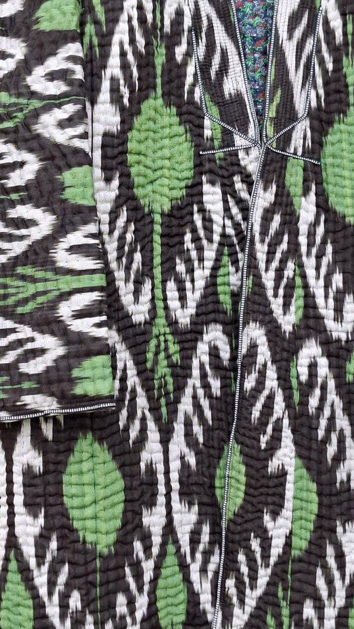 Uzbek handmade warm quilted chapan, coat, robe from ikat fabric. Unisex.