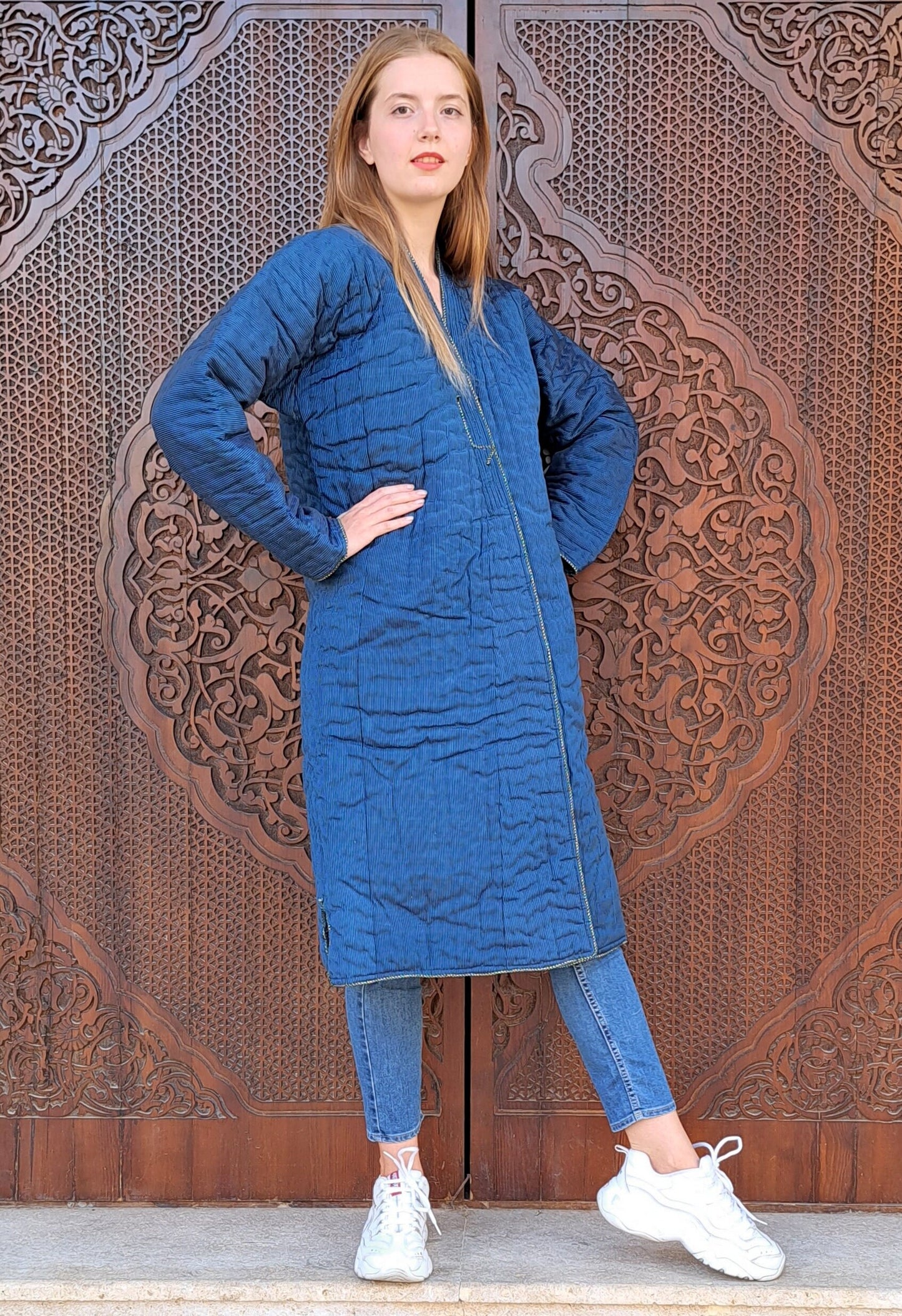 Uzbek handmade warm quilted chapan, coat, robe from a vintage bekasam fabric. Unisex, free size.