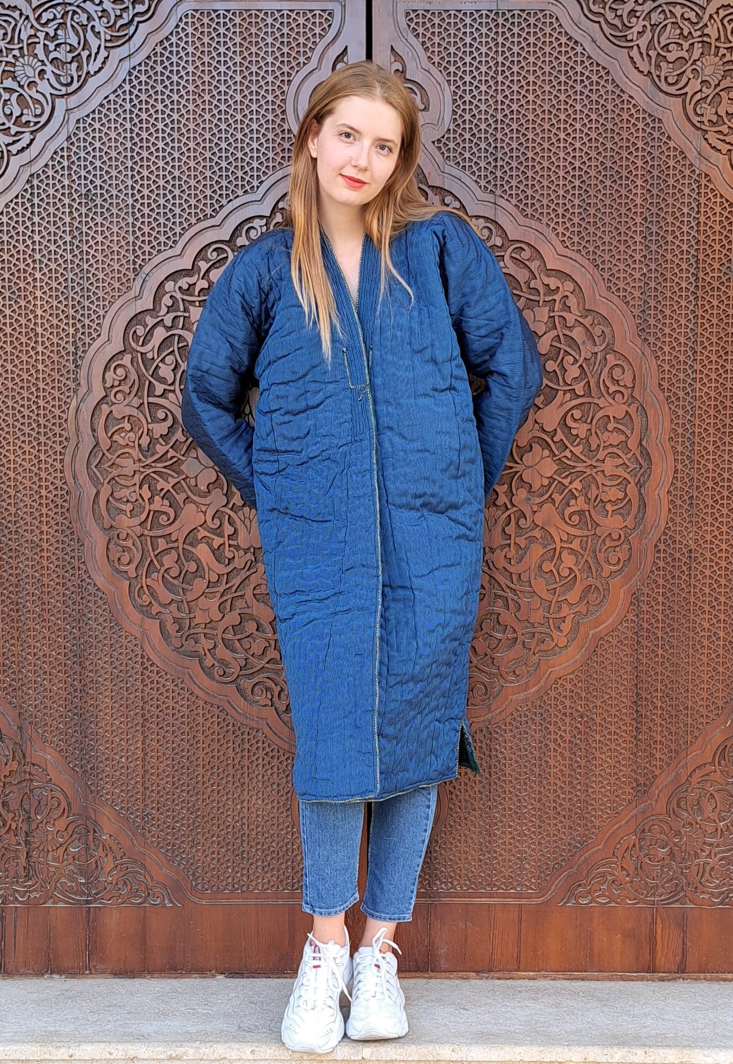 Uzbek handmade warm quilted chapan, coat, robe from a vintage bekasam fabric. Unisex, free size.