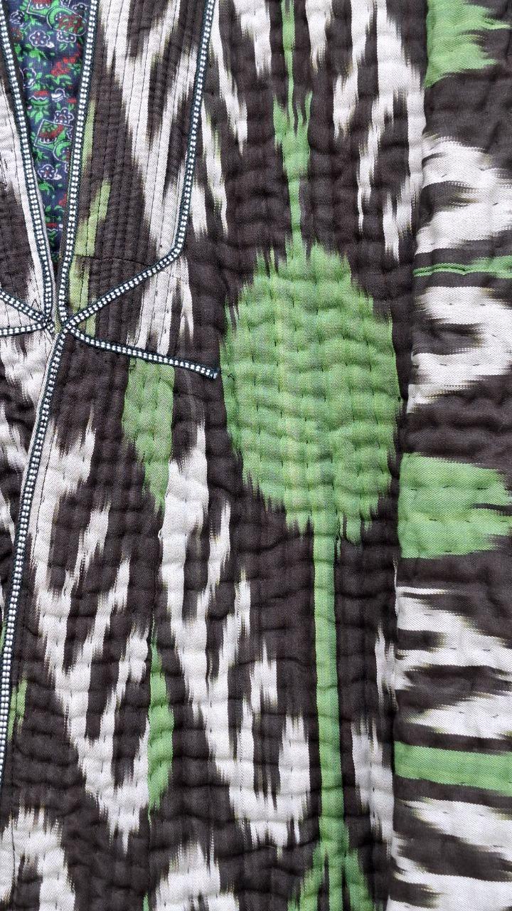 Uzbek handmade warm quilted chapan, coat, robe from ikat fabric. Unisex.