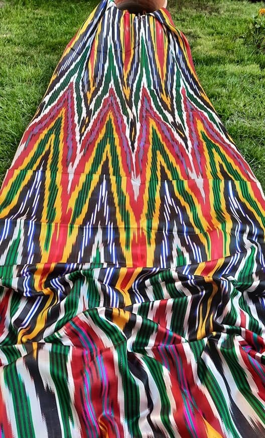 A piece of Uzbek handmade 5 meters 100% silk vintage ikat "Khan-atlas".Handwoven,Hand-dyed,natural silk organic ikat .
