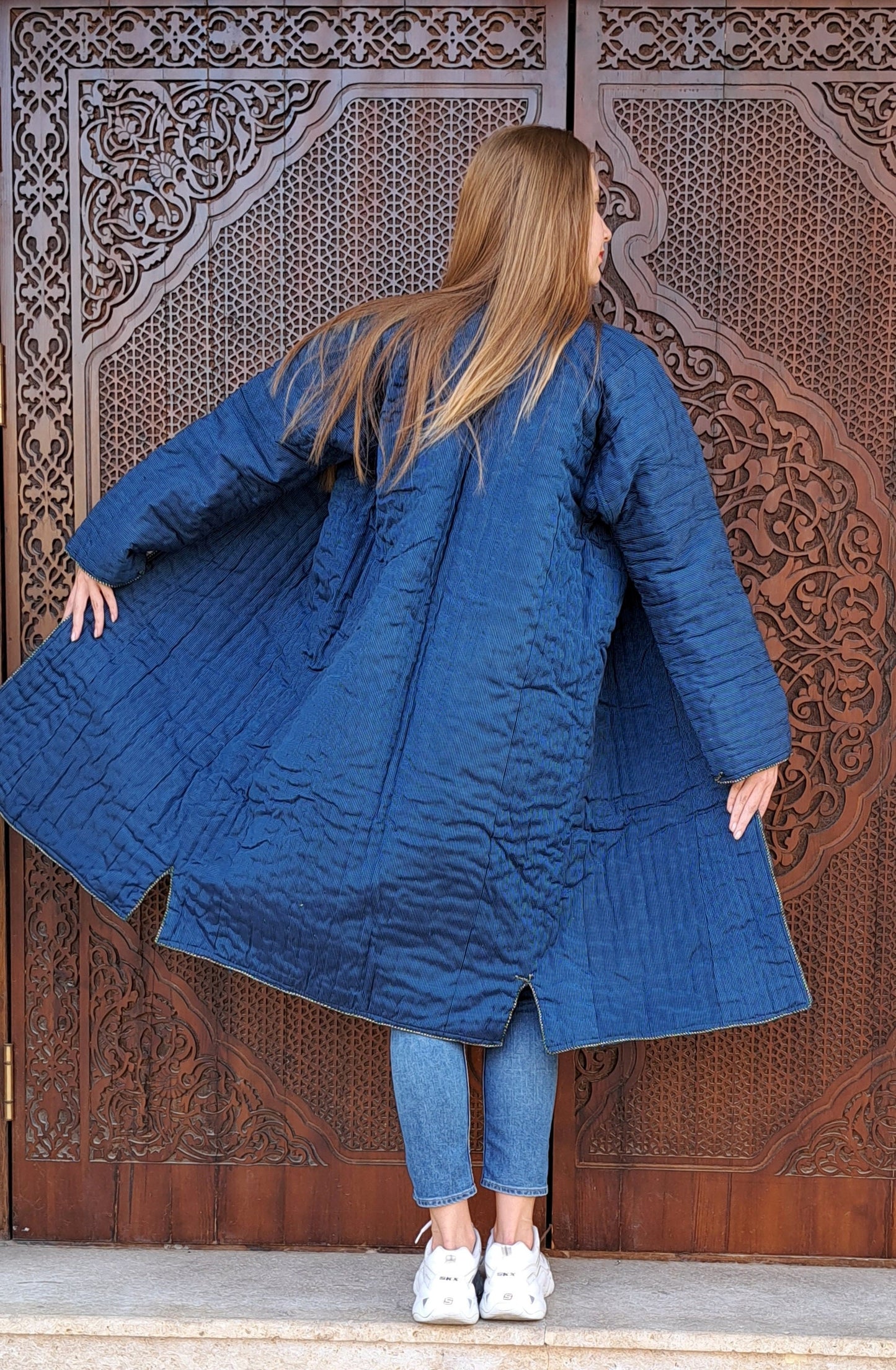 Uzbek handmade warm quilted chapan, coat, robe from a vintage bekasam fabric. Unisex, free size.