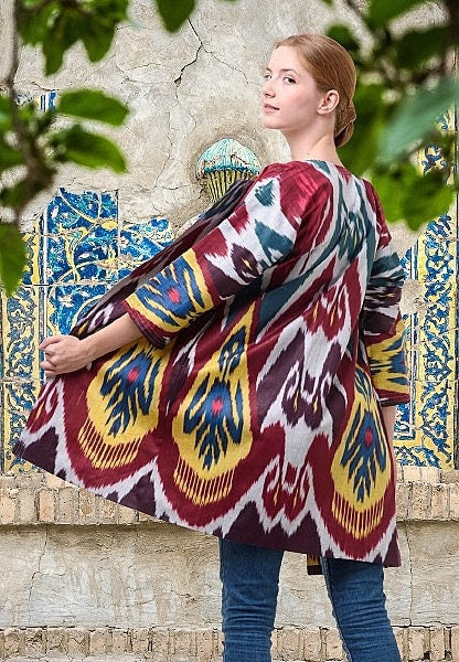 Handwoven Ikat Chapan,coat,robe, jacket. Hand-dyed, hand loomed natural ikat from Uzbekistan.