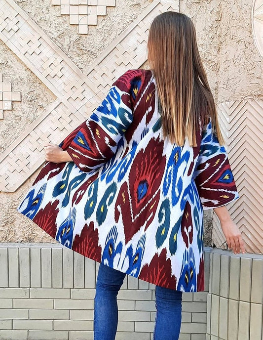 Handwoven Ikat Chapan,coat,robe, jacket. Hand-dyed, hand loomed natural ikat from Uzbekistan.