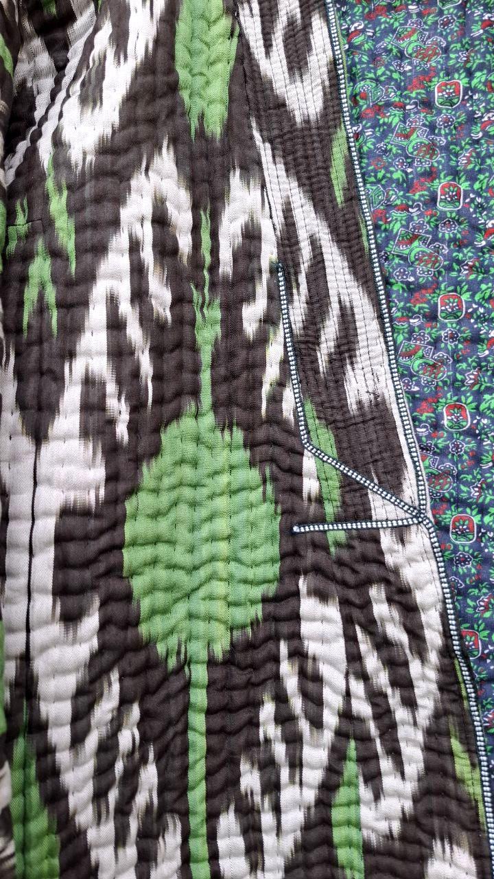 Uzbek handmade warm quilted chapan, coat, robe from ikat fabric. Unisex.