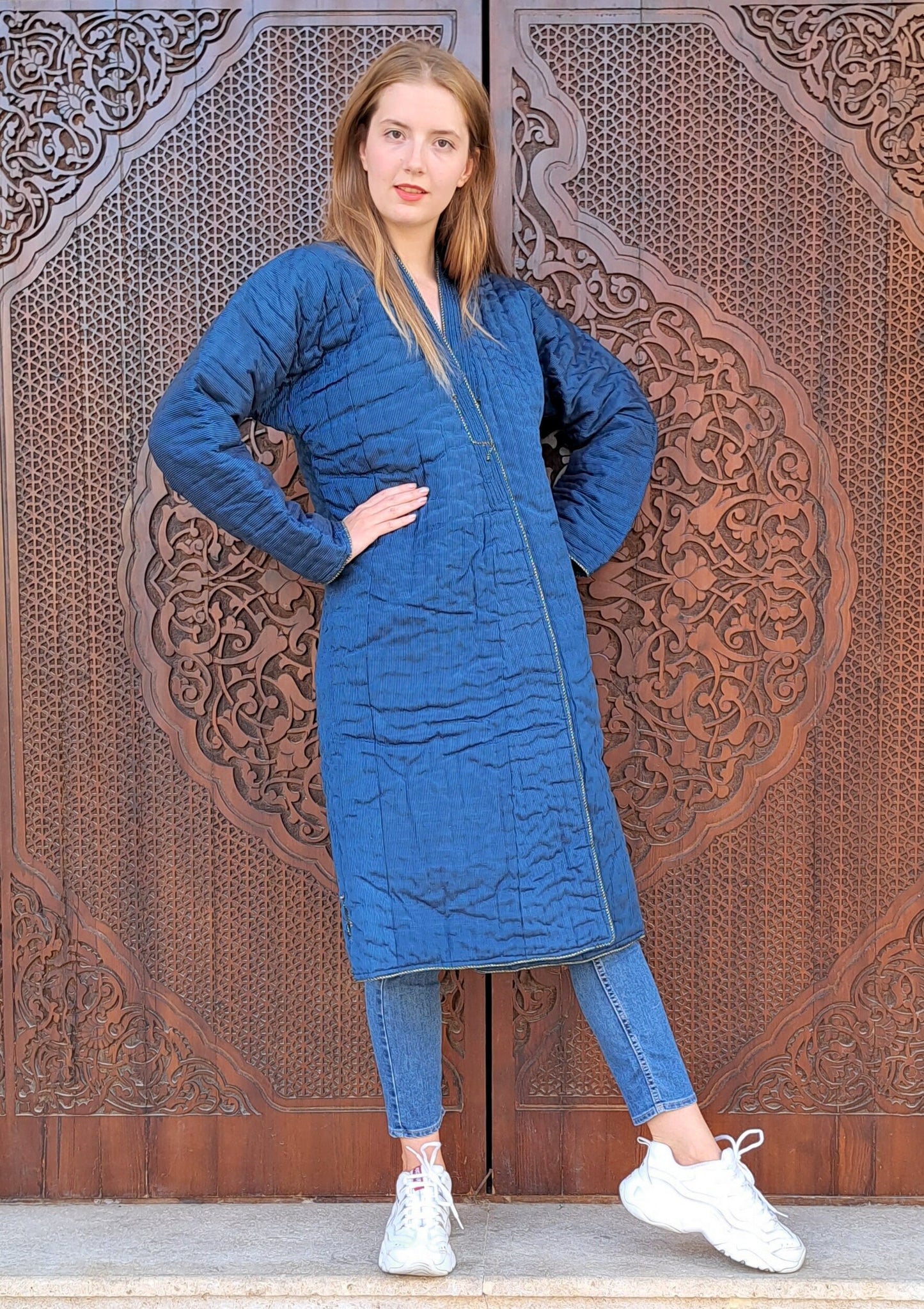 Uzbek handmade warm quilted chapan, coat, robe from a vintage bekasam fabric. Unisex, free size.