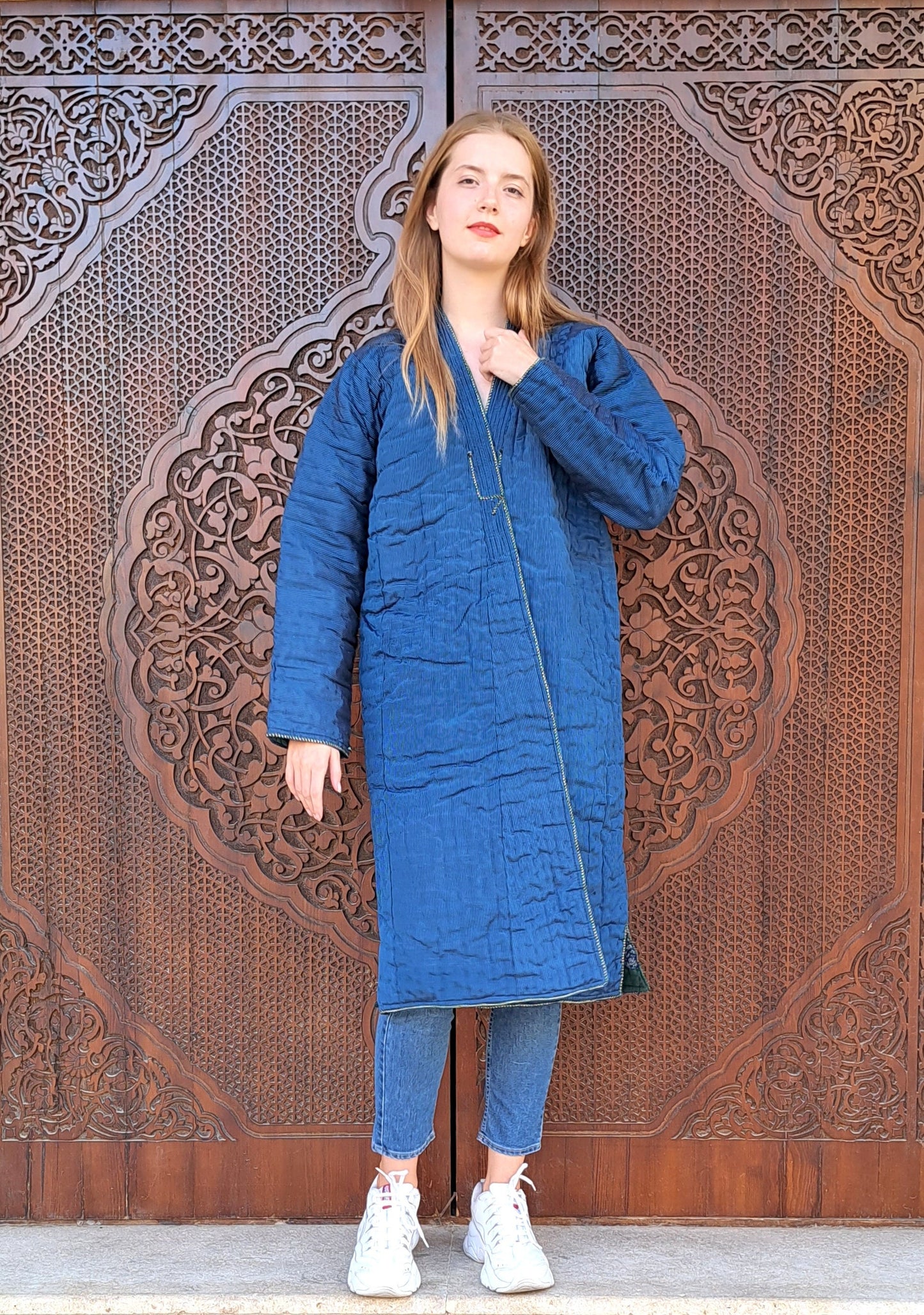 Uzbek handmade warm quilted chapan, coat, robe from a vintage bekasam fabric. Unisex, free size.