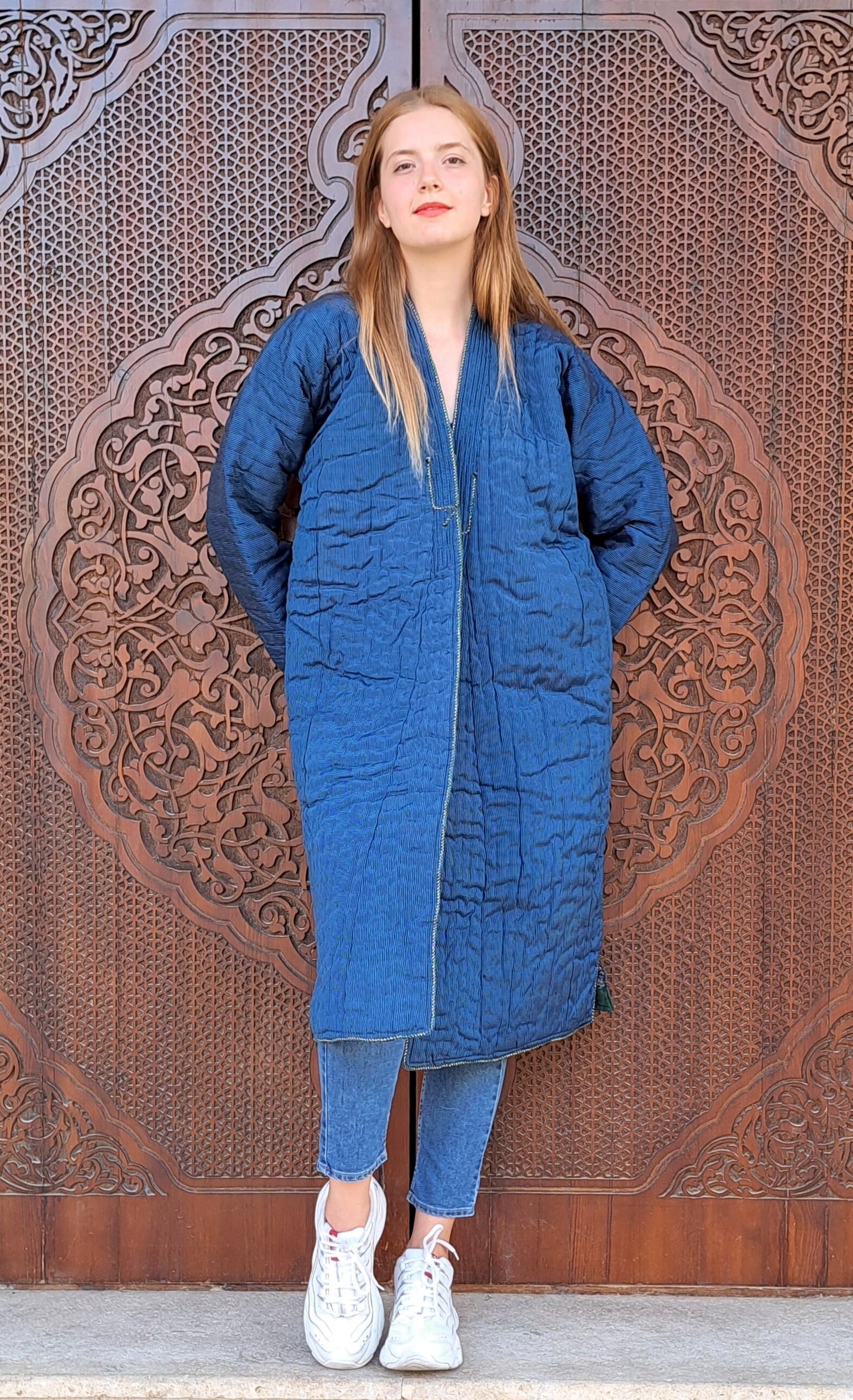 Uzbek handmade warm quilted chapan, coat, robe from a vintage bekasam fabric. Unisex, free size.