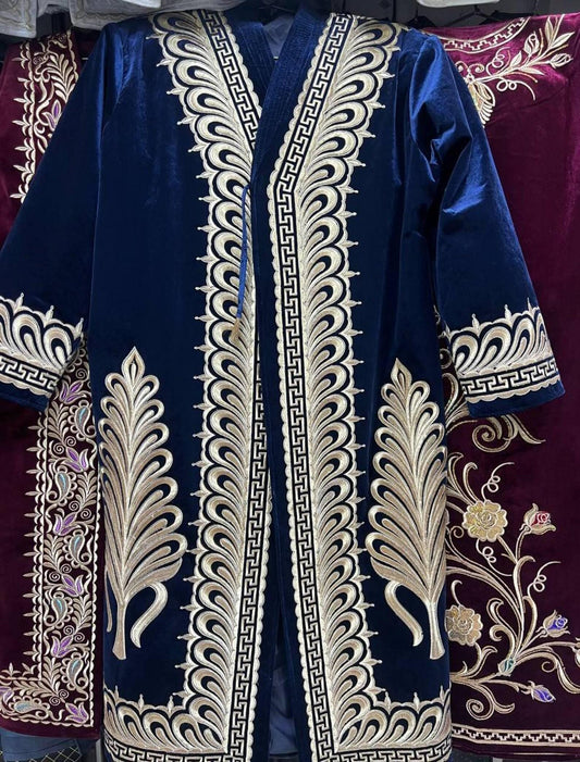 Golden embroidered chapan, uzbek robe, uzbek coat, caftan, jacket