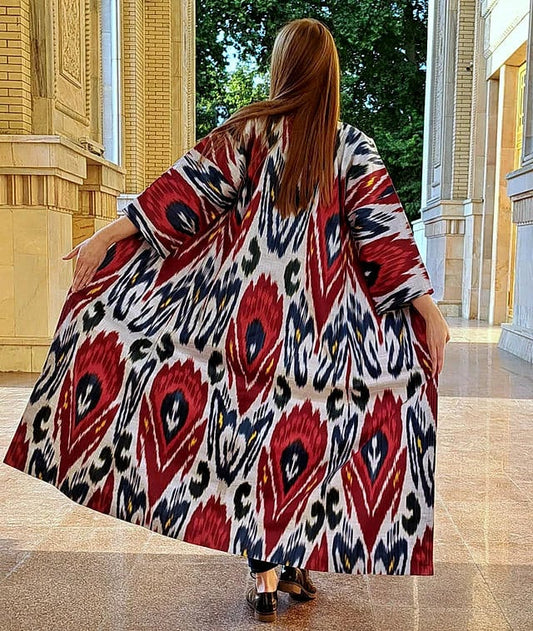 Handwoven Ikat Chapan,coat,robe, jacket. Hand-dyed, hand loomed natural ikat from Uzbekistan.