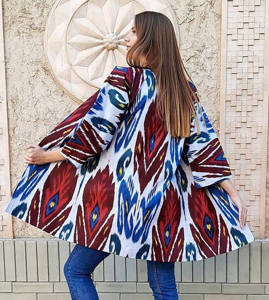 Handwoven Ikat Chapan,coat,robe, jacket. Hand-dyed, hand loomed natural ikat from Uzbekistan.