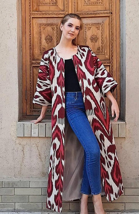 Handwoven Ikat Chapan,coat,robe, jacket. Hand-dyed, hand loomed natural ikat from Uzbekistan.