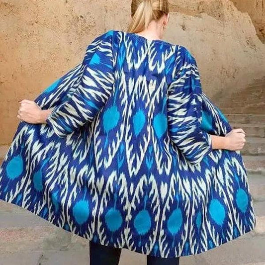 Handwoven Uzbek Ikat Chapan ,coat ,robe,kaftan ,jacket. Hand-dyed, hand loomed natural cotton/silk organic ikat from Uzbekistan