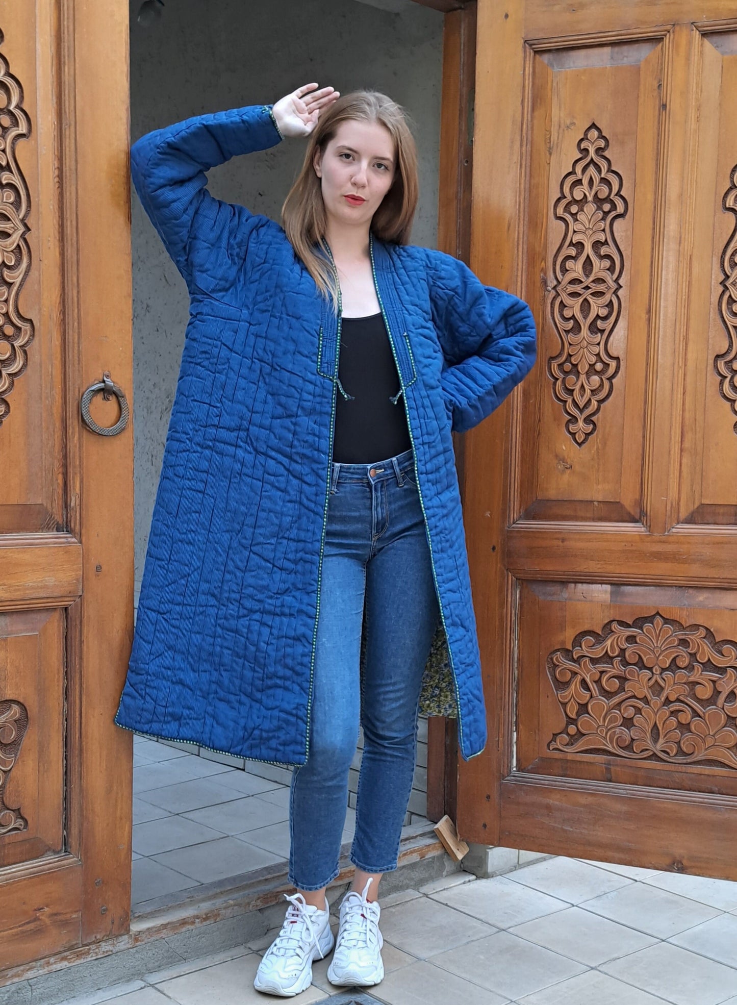 Uzbek handmade warm quilted chapan, coat, robe from a vintage bekasam fabric. Unisex, free size.