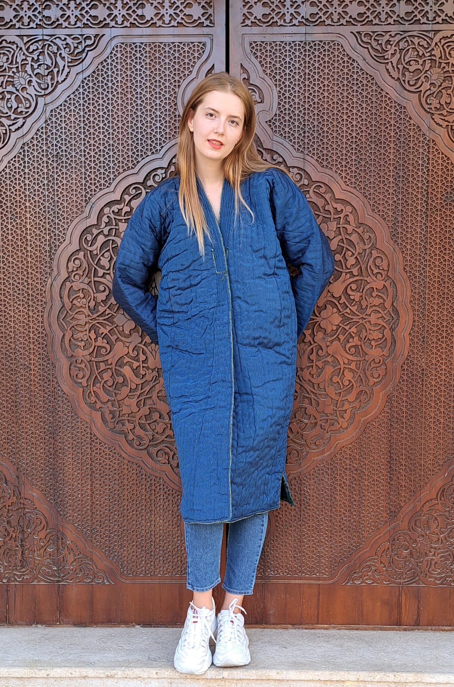 Uzbek handmade warm quilted chapan, coat, robe from a vintage bekasam fabric. Unisex, free size.