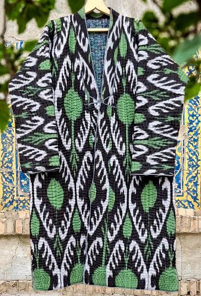 Uzbek handmade warm quilted chapan, coat, robe from ikat fabric. Unisex.