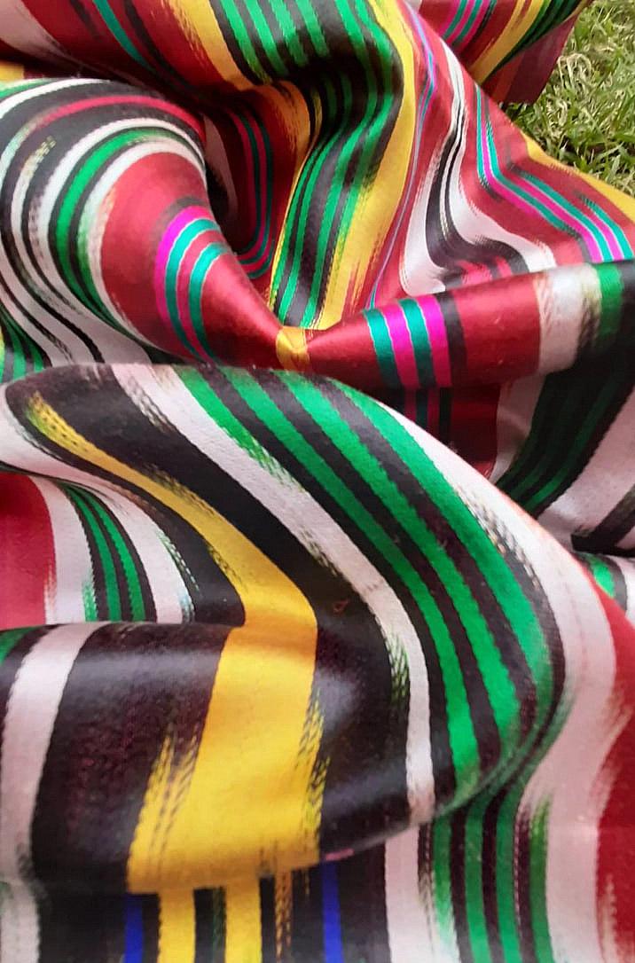 A piece of Uzbek handmade 5 meters 100% silk vintage ikat "Khan-atlas".Handwoven,Hand-dyed,natural silk organic ikat .