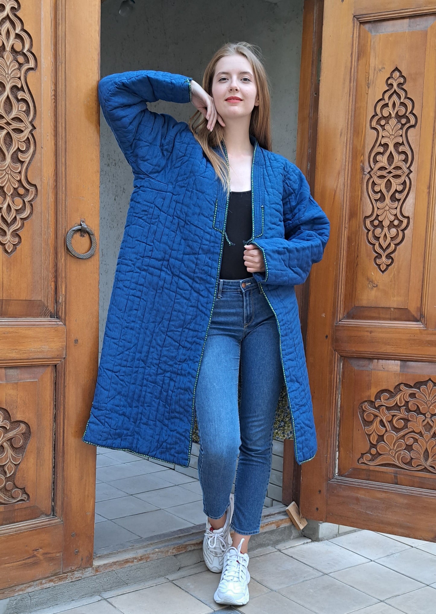 Uzbek handmade warm quilted chapan, coat, robe from a vintage bekasam fabric. Unisex, free size.