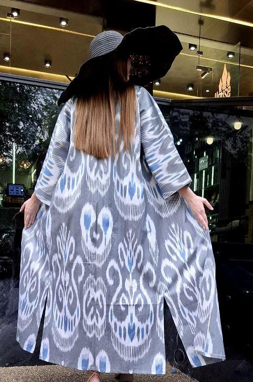 Handwoven Ikat Chapan,coat,robe, jacket. Hand-dyed, hand loomed natural ikat from Uzbekistan.
