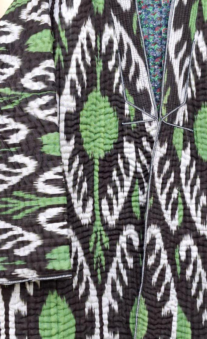 Uzbek handmade warm quilted chapan, coat, robe from ikat fabric. Unisex.