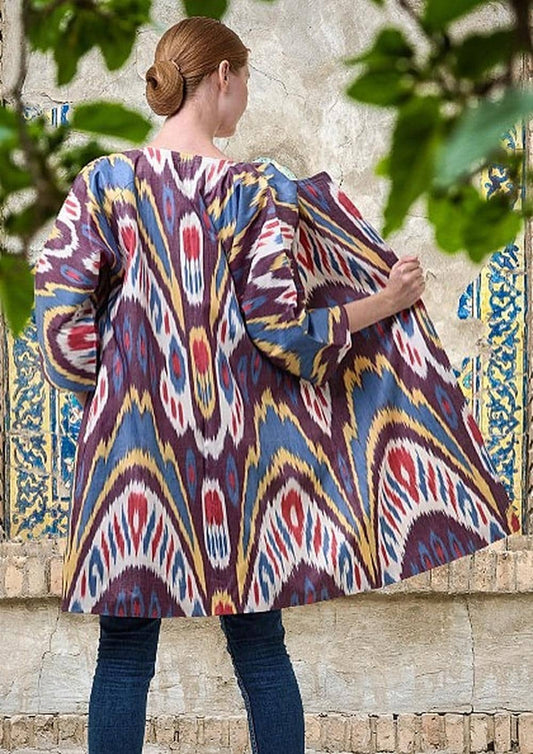 Handwoven Ikat Chapan,coat,robe, jacket. Hand-dyed, hand loomed natural ikat from Uzbekistan.