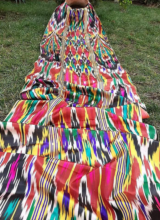 A piece of 10 meters Uzbek handmade 100% silk vintage ikat fabric "Khan-atlas".Handwoven,Hand-dyed,natural silk organic ikat .