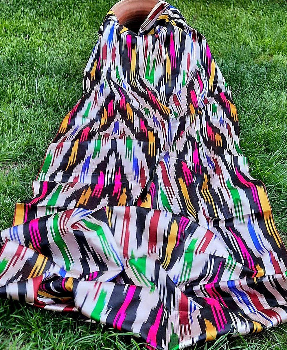 A piece of 3 meters 100% silk vintage ikat "Khan-atlas".Handwoven,Hand-dyed,natural silk organic ikat .