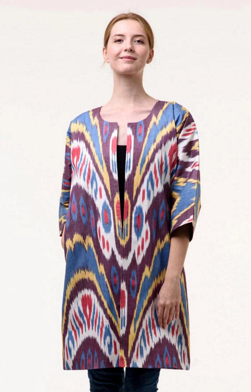 Handwoven Ikat Chapan,coat,robe, jacket. Hand-dyed, hand loomed natural ikat from Uzbekistan.