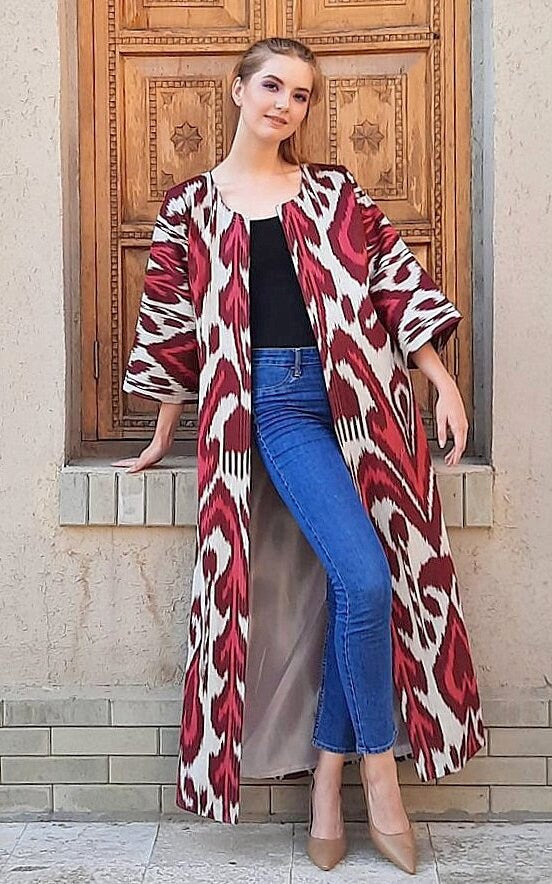 Handwoven Ikat Chapan,coat,robe, jacket. Hand-dyed, hand loomed natural ikat from Uzbekistan.