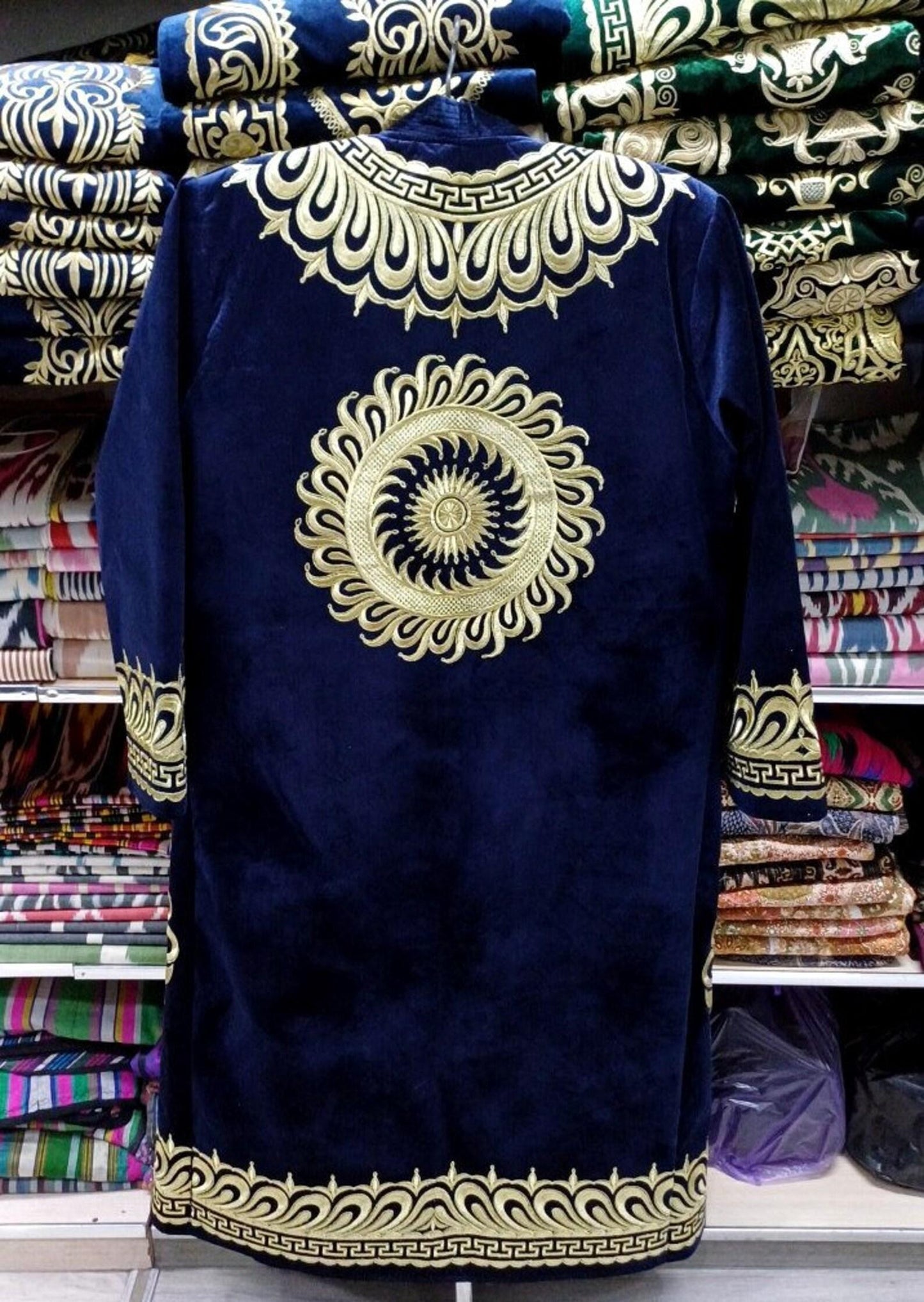 Golden embroidered chapan, uzbek robe, uzbek coat, caftan, jacket