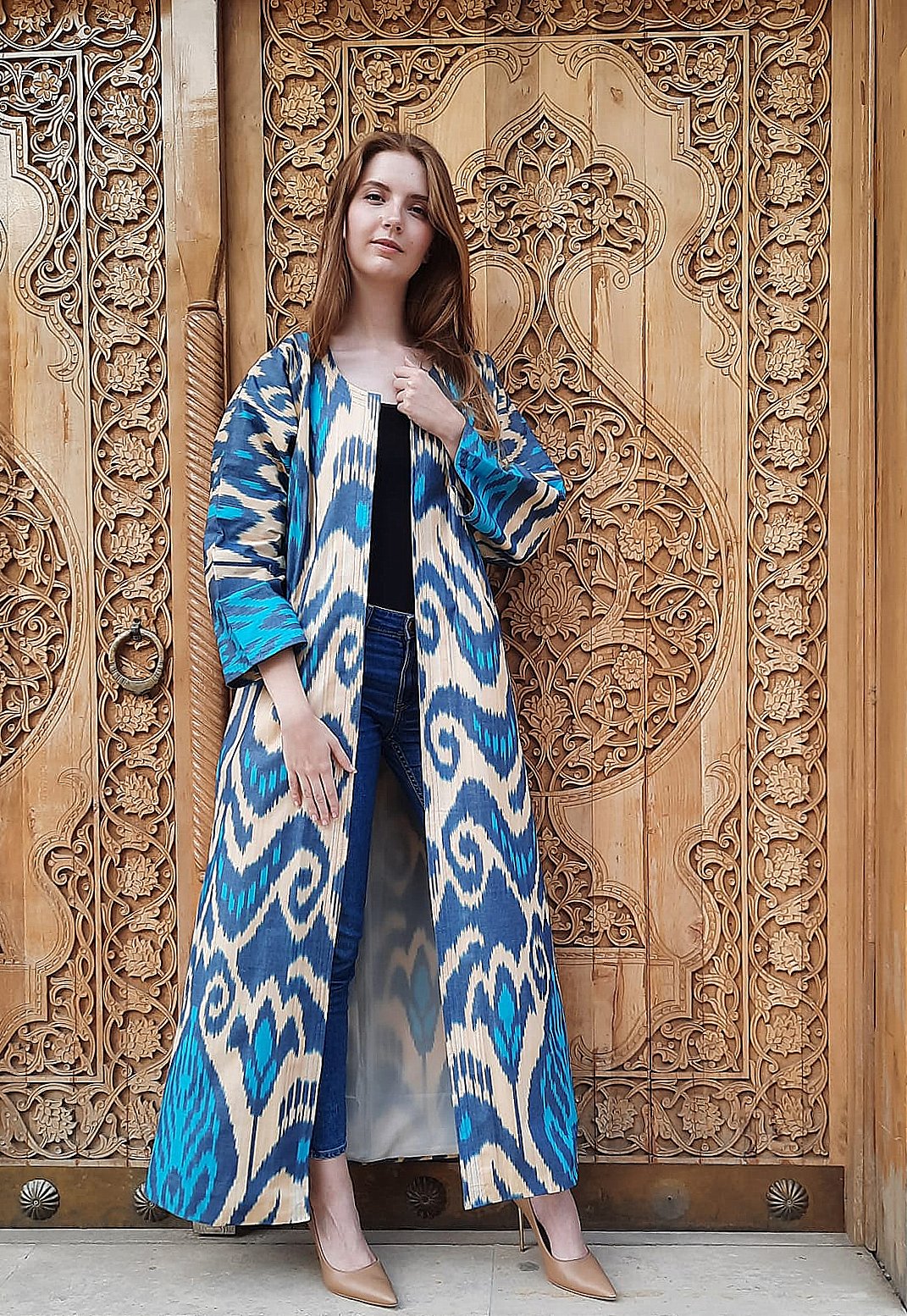 Handwoven Uzbek Ikat Chapan ,coat ,robe,kaftan ,jacket. Hand-dyed, hand loomed natural cotton/silk organic ikat from Uzbekistan