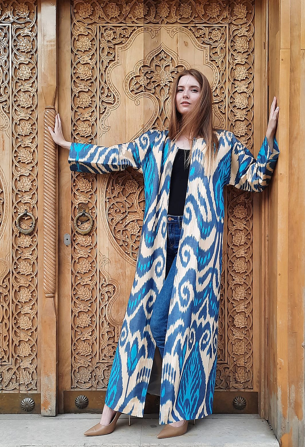 Handwoven Uzbek Ikat Chapan ,coat ,robe,kaftan ,jacket. Hand-dyed, hand loomed natural cotton/silk organic ikat from Uzbekistan