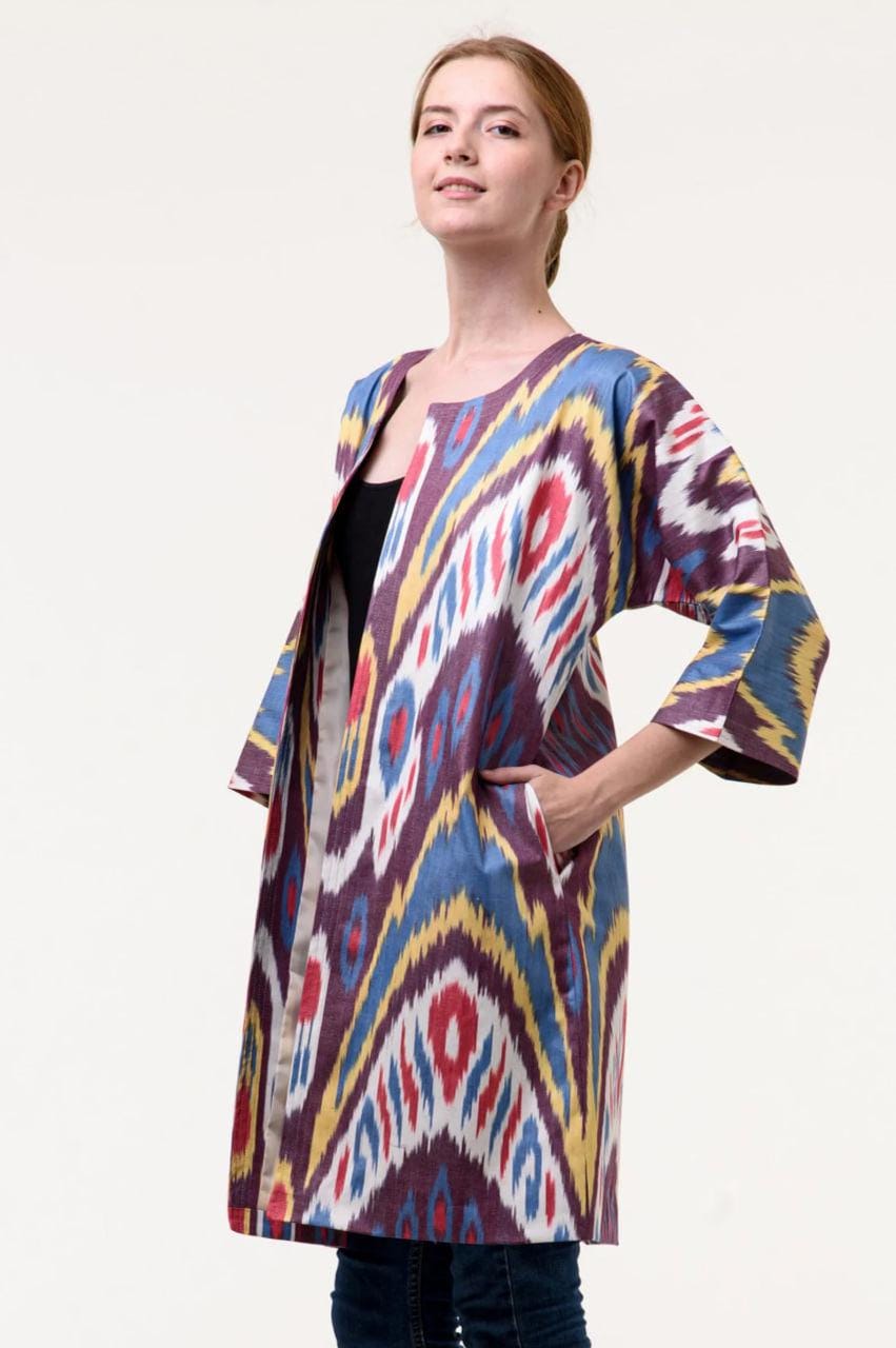 Handwoven Ikat Chapan,coat,robe, jacket. Hand-dyed, hand loomed natural ikat from Uzbekistan.