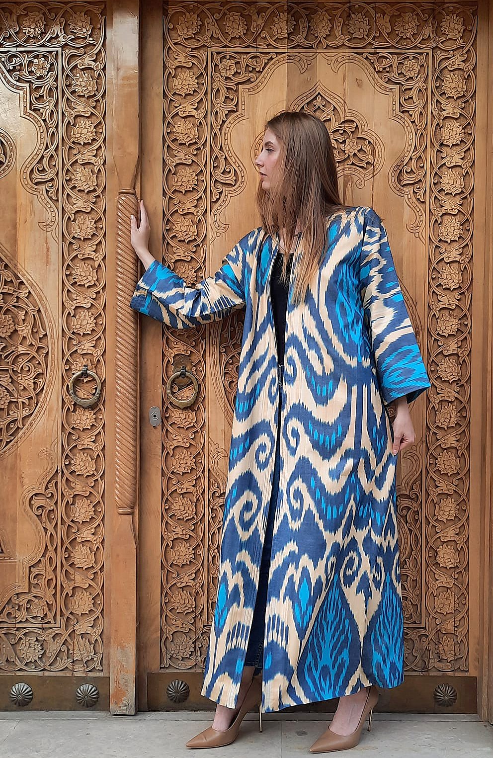 Handwoven Uzbek Ikat Chapan ,coat ,robe,kaftan ,jacket. Hand-dyed, hand loomed natural cotton/silk organic ikat from Uzbekistan