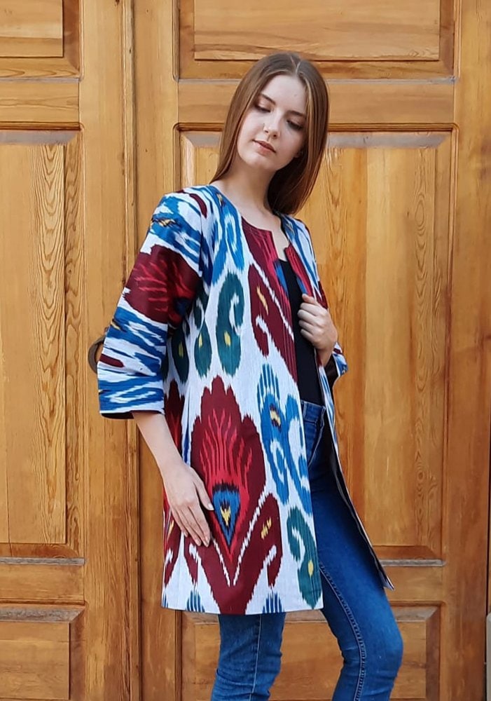 Handwoven Ikat Chapan,coat,robe, jacket. Hand-dyed, hand loomed natural ikat from Uzbekistan.