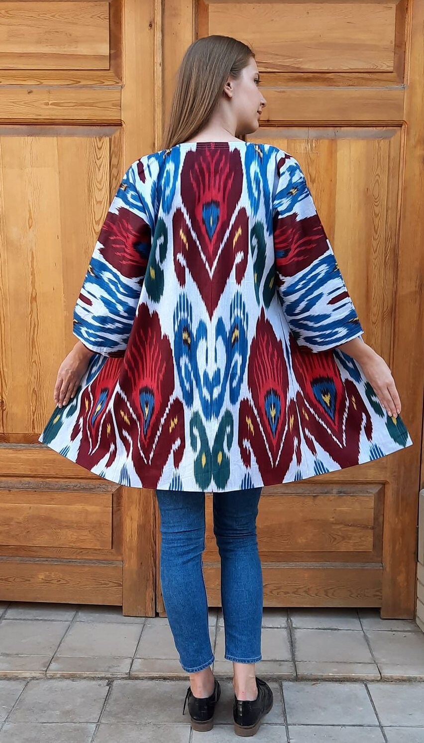 Handwoven Ikat Chapan,coat,robe, jacket. Hand-dyed, hand loomed natural ikat from Uzbekistan.
