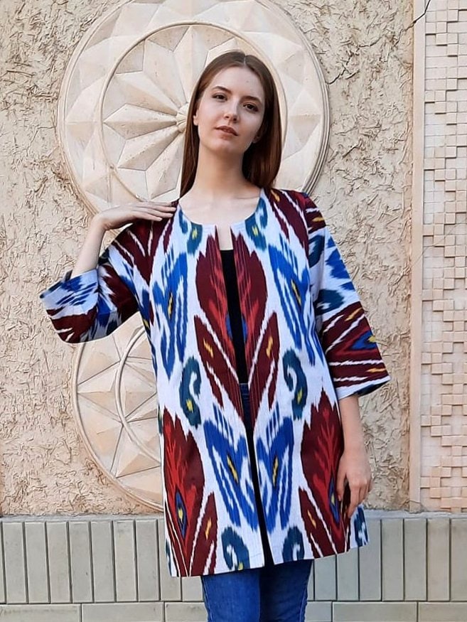 Handwoven Ikat Chapan,coat,robe, jacket. Hand-dyed, hand loomed natural ikat from Uzbekistan.