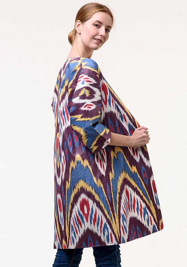 Handwoven Ikat Chapan,coat,robe, jacket. Hand-dyed, hand loomed natural ikat from Uzbekistan.