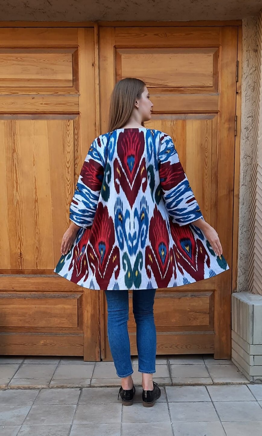 Handwoven Ikat Chapan,coat,robe, jacket. Hand-dyed, hand loomed natural ikat from Uzbekistan.