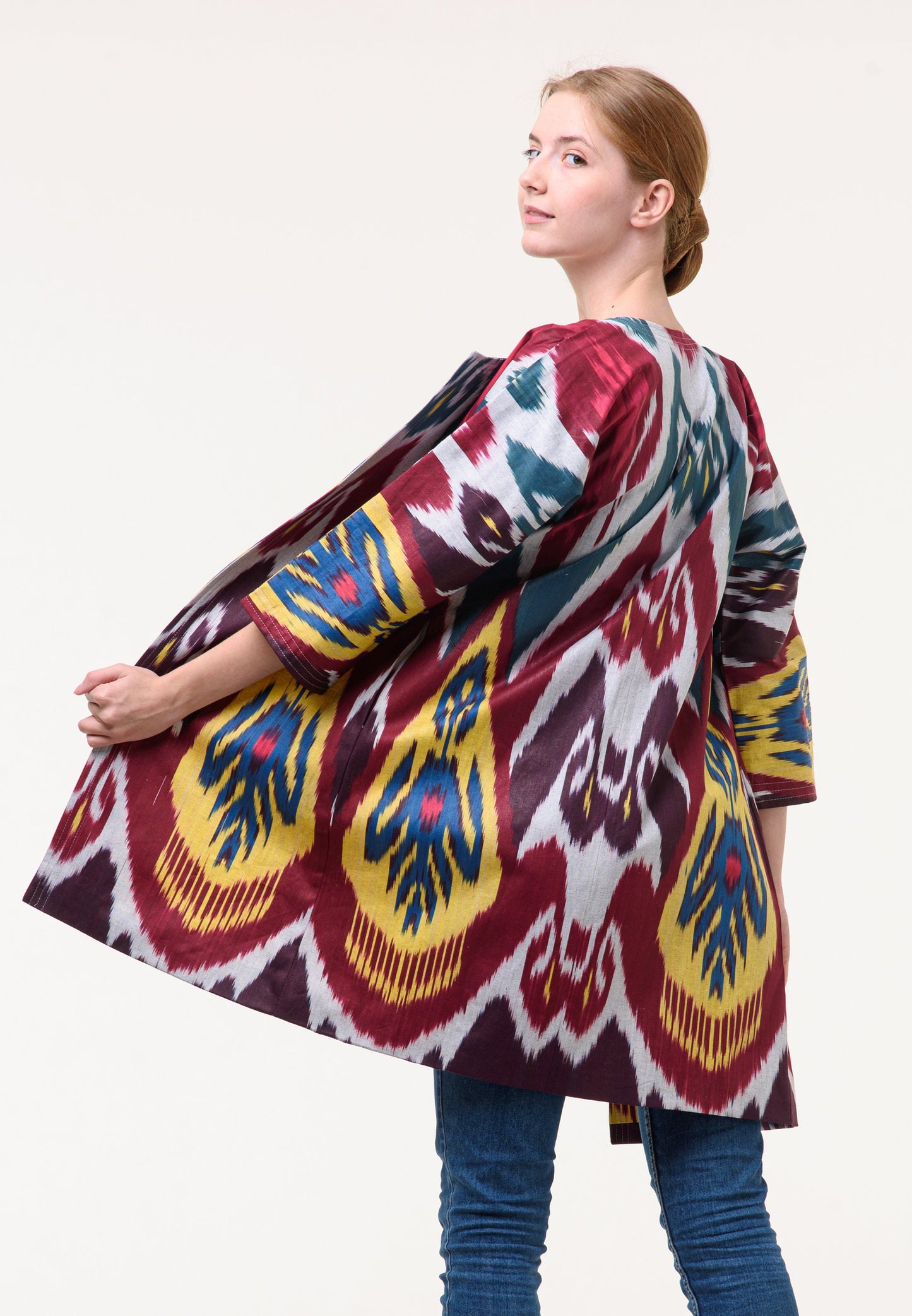 Handwoven Ikat Chapan,coat,robe, jacket. Hand-dyed, hand loomed natural ikat from Uzbekistan.