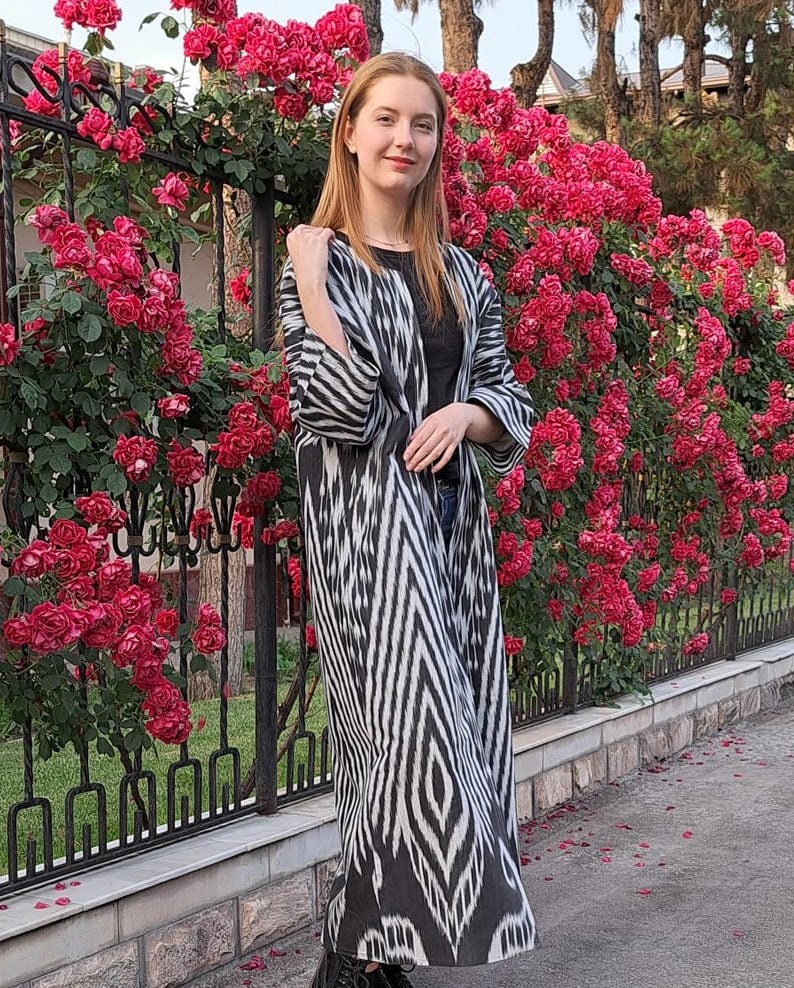 Handwoven Ikat Chapan,coat,robe, jacket. Hand-dyed, hand loomed natural ikat from Uzbekistan.