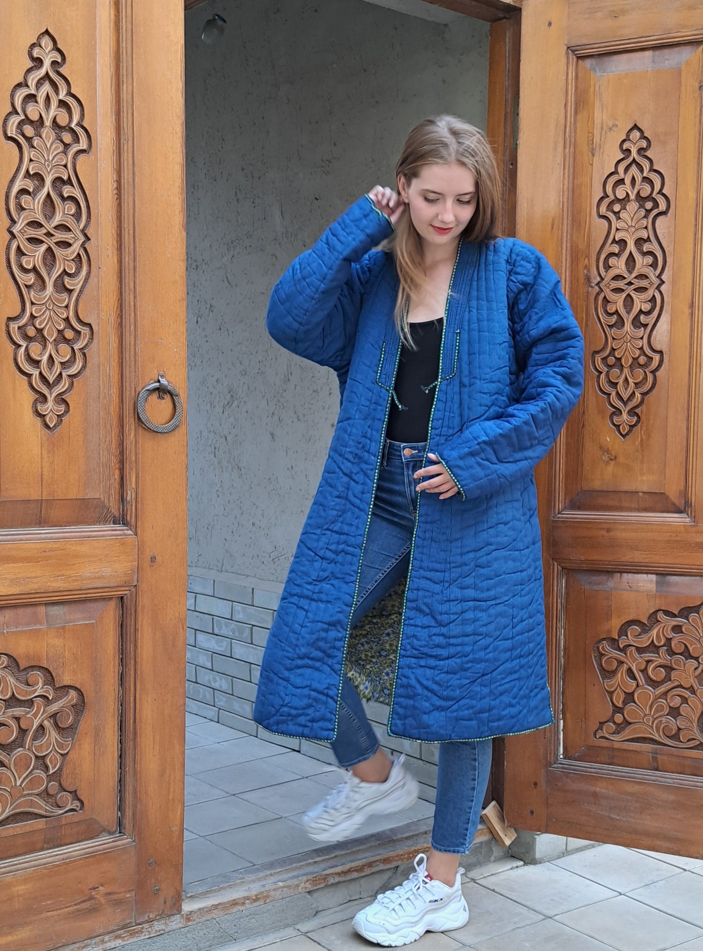 Uzbek handmade warm quilted chapan, coat, robe from a vintage bekasam fabric. Unisex, free size.