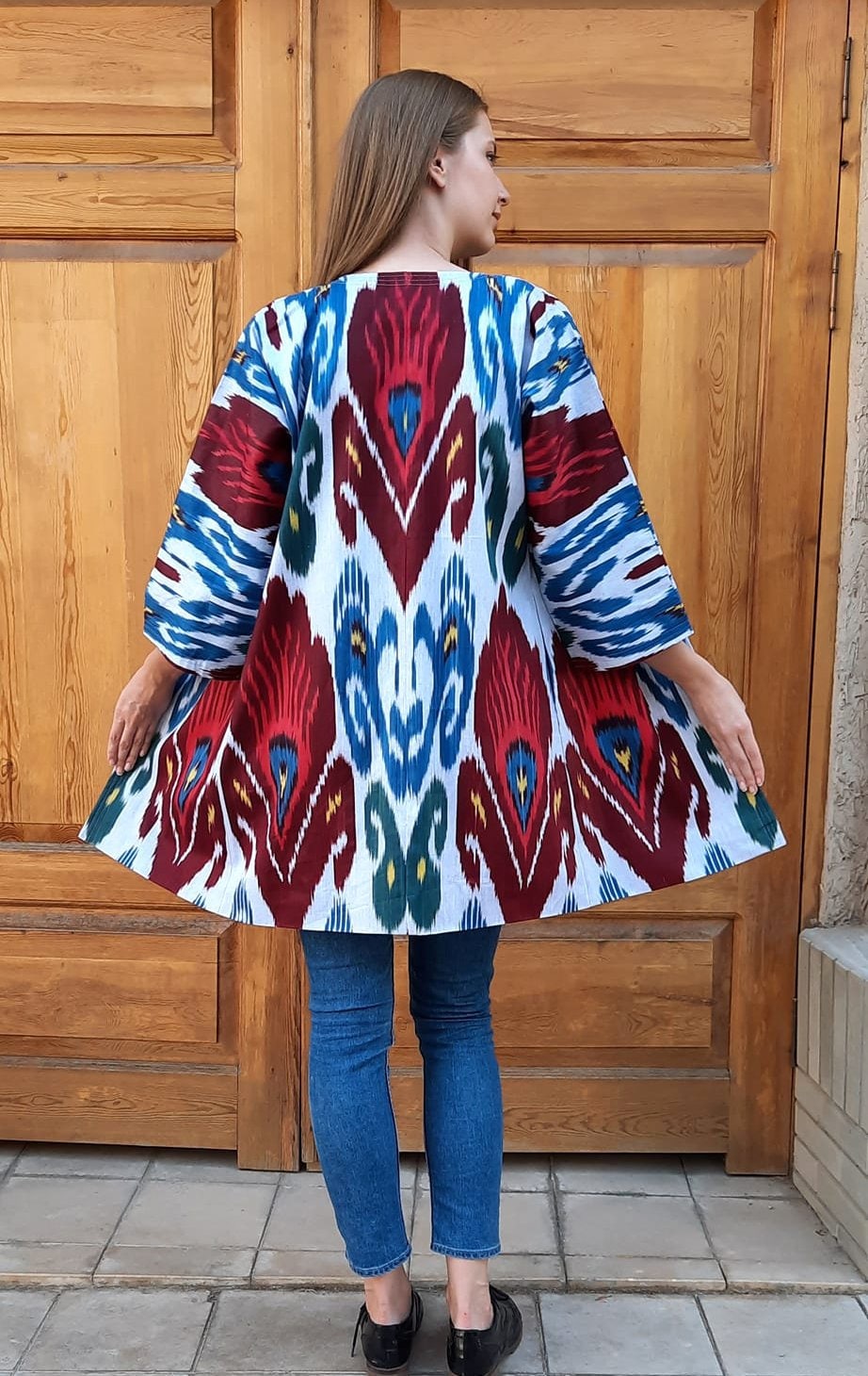 Handwoven Ikat Chapan,coat,robe, jacket. Hand-dyed, hand loomed natural ikat from Uzbekistan.