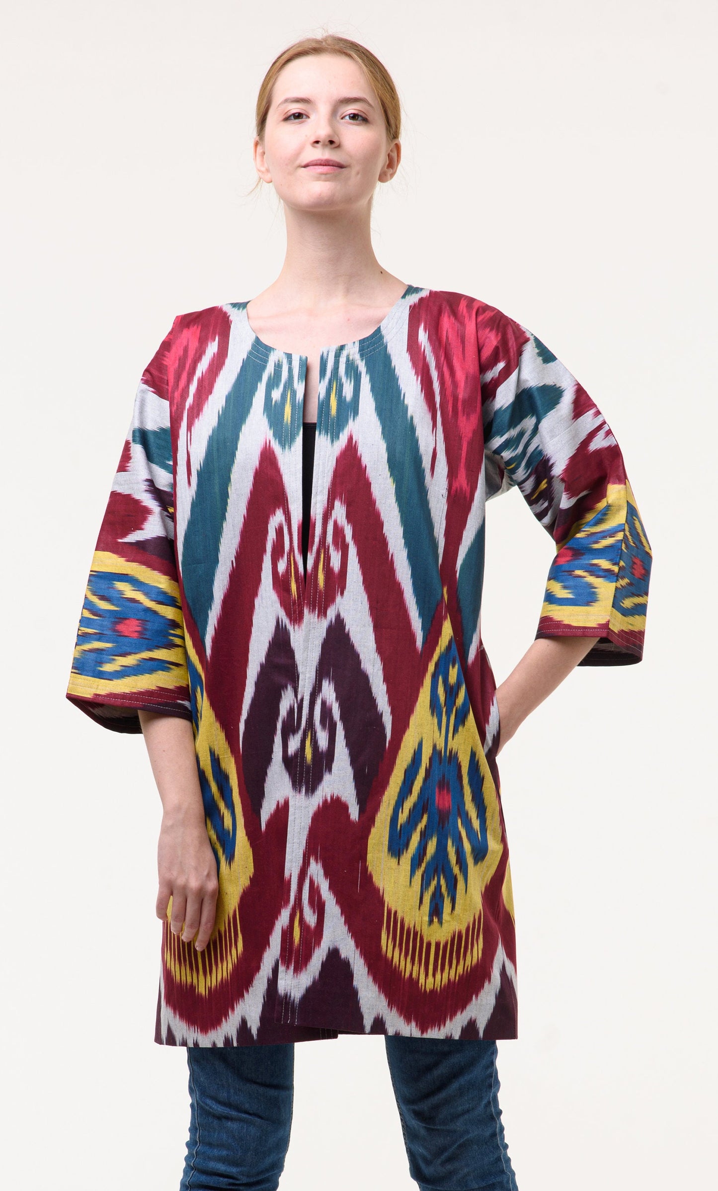 Handwoven Ikat Chapan,coat,robe, jacket. Hand-dyed, hand loomed natural ikat from Uzbekistan.