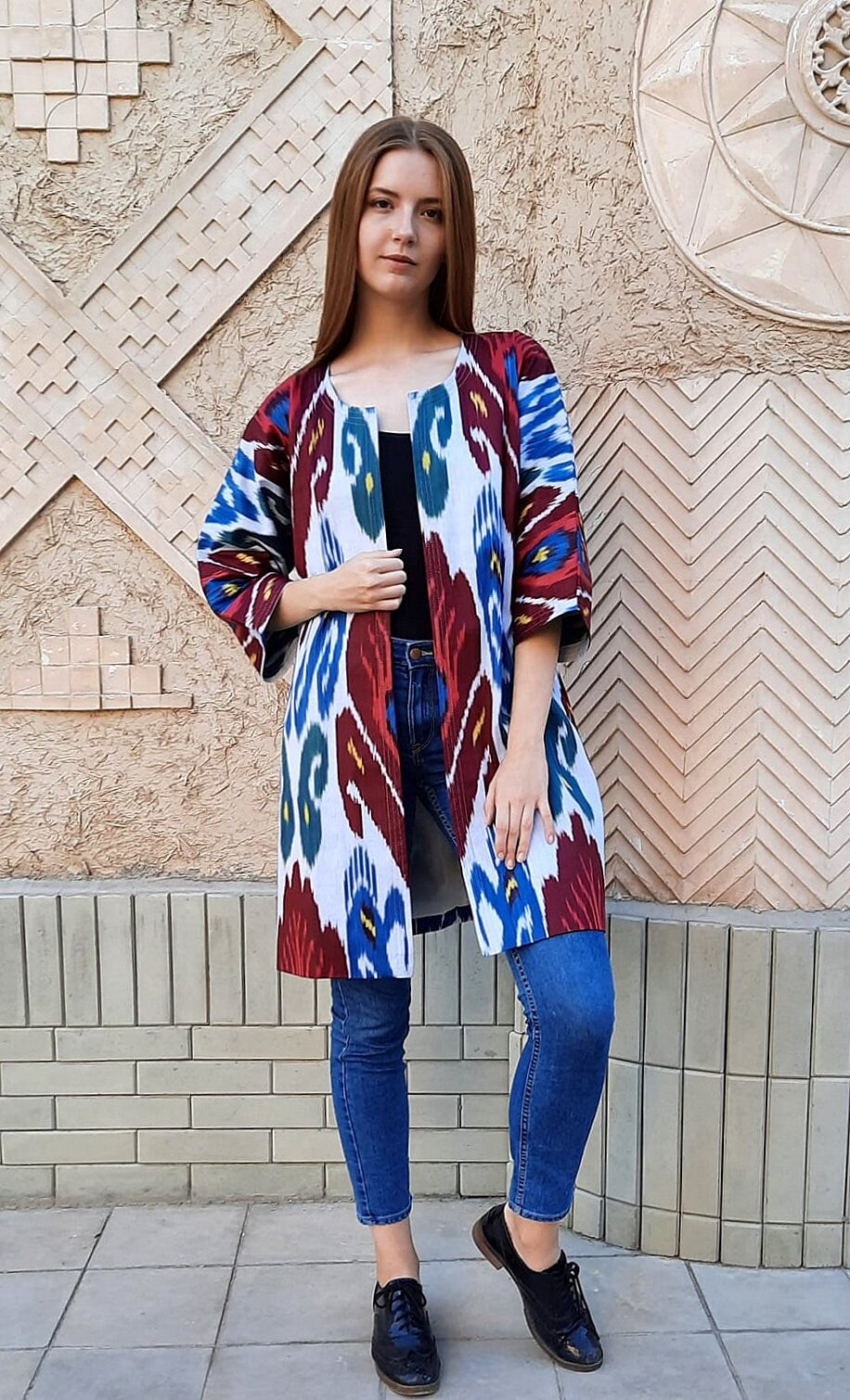 Handwoven Ikat Chapan,coat,robe, jacket. Hand-dyed, hand loomed natural ikat from Uzbekistan.