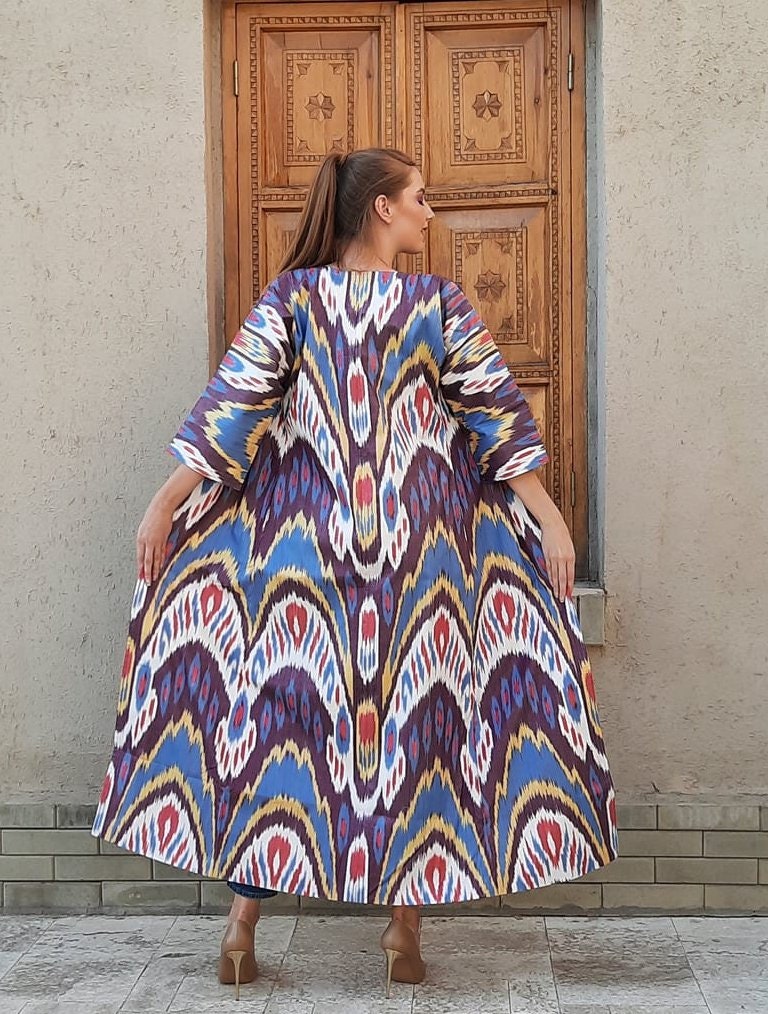 Handwoven Ikat Chapan,coat,robe, jacket. Hand-dyed, hand loomed natural ikat from Uzbekistan.