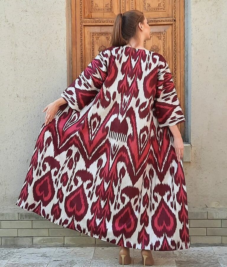 Handwoven Ikat Chapan,coat,robe, jacket. Hand-dyed, hand loomed natural ikat from Uzbekistan.